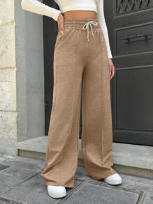 EURMUSE Cotton Tall Drawstring Waist Wide Leg Pants - Camel - View 4