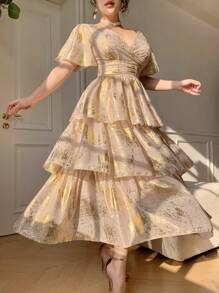 DAZY V-Neck Sequin Embellished Ruffle Trim Long Dress For Women - Blue - View 1