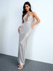 Chiquease Women's Elegant Sexy Foil Textured Crisscross Strap Hollow Out High Slit Dress - Silver - View 1