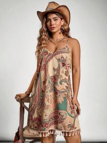 SHEIN VCAY Plus Size Summer Casual Loose Strap Dress,Boho Women Clothing Western Clothes For Women Country Outfits Women Sundresses For Vacation Tassels - Multicolor - View 1