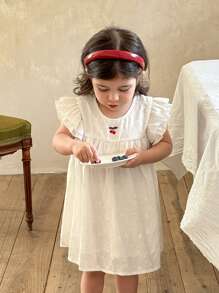 SHEIN Vestito da bambina casual con fiori ricamati a doppio strato e maniche a 3/4, per primavera/estate