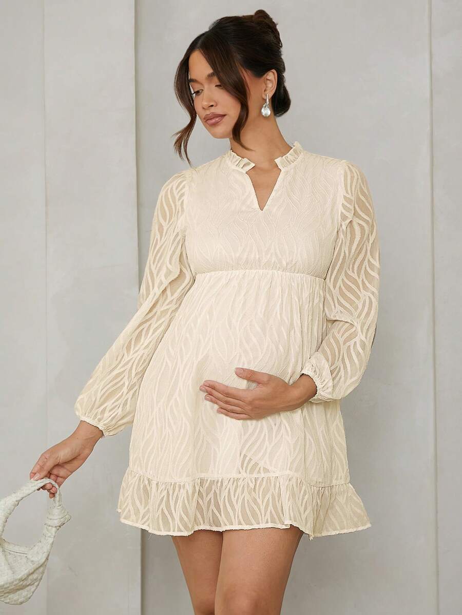 MaterniWear Maternity Loose Puff Sleeve Dress, Suitable For Valentine's Day & Autumn - Apricot - View 1