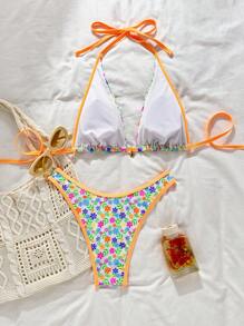 SHEIN Swim Summer Floral Print Bikini Set, Consisting Of Top With Flower Decor & Triangle Swim Trunks