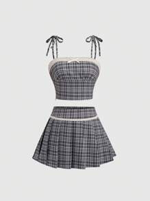 Sweetra Conjunto de 2 peças de blusa feminina com laço e acabamento em renda xadrez + saia curta com detalhe em renda xadrez e laço, elegante e elegante, ideal para primavera, verão e outono - Multicolorido - Ver 1