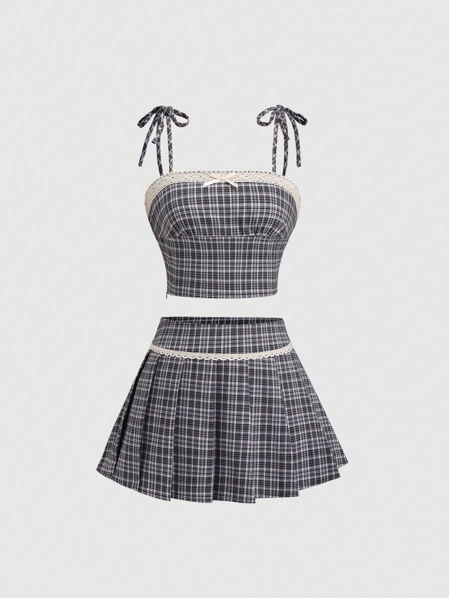 Sweetra Conjunto de 2 peças de blusa feminina com laço e acabamento em renda xadrez + saia curta com detalhe em renda xadrez e laço, elegante e elegante, ideal para primavera, verão e outono - Multicolorido - Ver 1