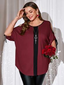 EMERY ROSE Plus Size Valentine Day Women Contrast Trim Off Shoulder Drawstring Short Sleeve Casual T-Shirt,Spring/Summer - Burgundy - View 5