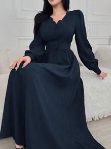 Feyla Abito elegante da donna a maniche lunghe con scollo a V, tinta unita - Blu Navy - Visualizzare 2