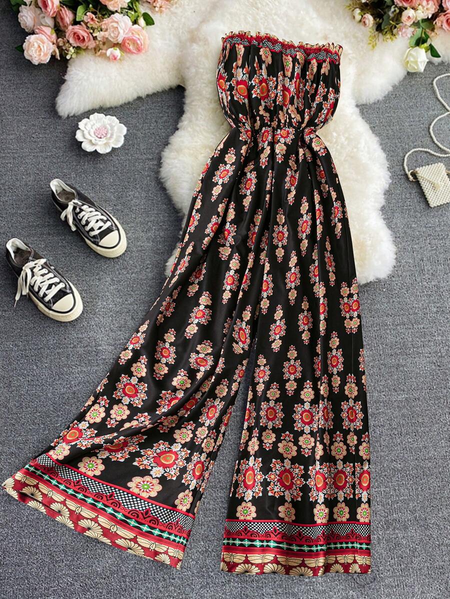 SHEIN LUNE Plus Size Casual All-Over Print Strapless Jumpsuit - Multicolor - View 1