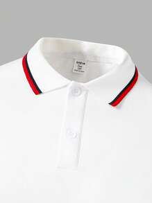 青少年男孩条纹罗纹领拼色 Polo 衫 - 白色 - 查看 5