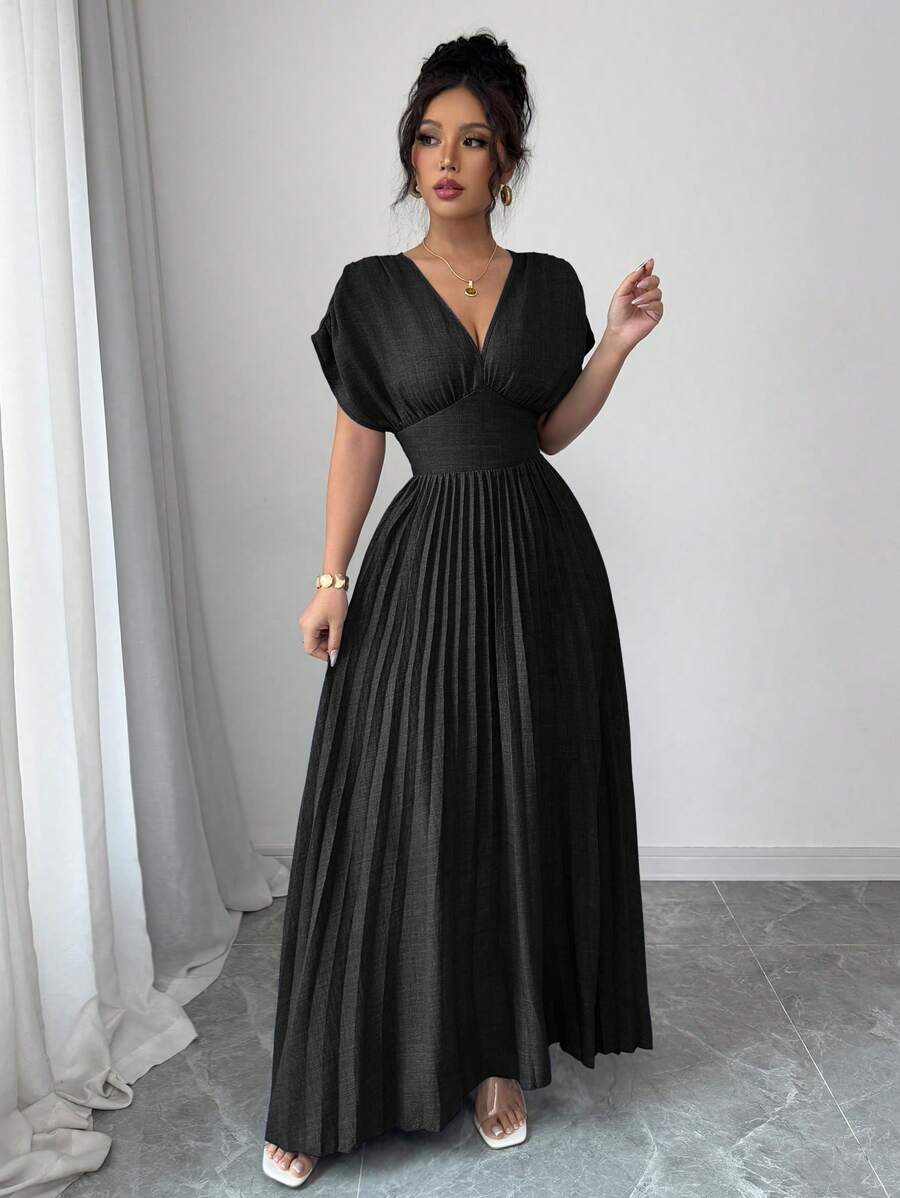 Rafferiza 海军蓝女式窄肩交叉腰褶皱连衣裙