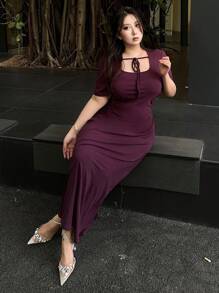 Dazy Plus Solid Dark Purple Square Neck Tie Waist Dress