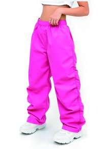 SHEIN Girls' Fashion Classic Versatile Flare Pants With Fuzzy Hem, Rose Red, Casual Daily/School/Home Wear, Suitable For Spring, Autumn, Winter - Hot Pink - View 7
