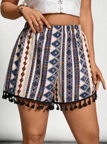 SHEIN VCAY Plus Size Women Summer Geometric Print Tassel Trim Casual Shorts, Nashville Stripe Summer Spring Easter Festival Rave Elegant Vacation Casual Boho Graduation Brunch Wedding Guest Women Bohemia Concert Country Concert Beach Vacation - Multicolor - View 3