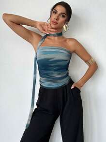 Firerie Women's Simple Elegant Fashion Sexy Romantic Tie-Dye Tie Dye Print Draped Neck Ruched Bandeau Top,Rave Top - Green - View 4