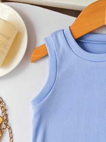 Set de 3 piezas para bebé niña: Top sin mangas a cuadros casual, pantalones y sombrero de cubo, primavera/verano - Azul - Ver 4