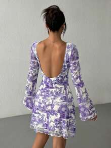 Muchica Women Fully Allover Print Flared Sleeve Backless Mesh Dress - Lilac Purple - View 4