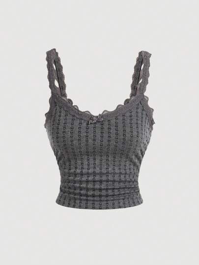 SHEIN MOD Cute Dark Grey Cami Top With Pleated Lace Patchwork Bow, Singlet, Dark Grey Cami Top, Fall, Bow Top, Cute School Top, Back To School Top,Rave Top
