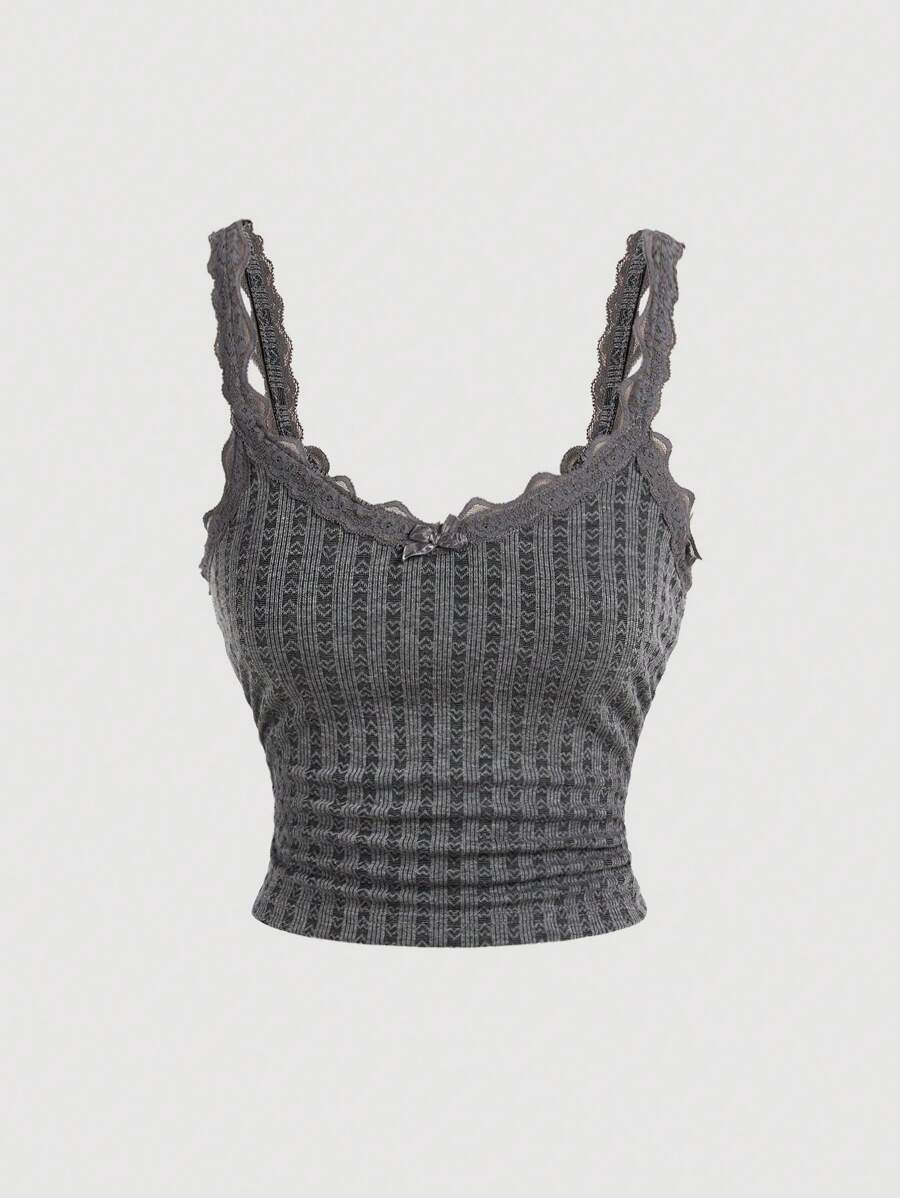 SHEIN MOD Cute Dark Grey Cami Top With Pleated Lace Patchwork Bow, Singlet, Dark Grey Cami Top, Fall, Bow Top, Cute School Top, Back To School Top,Rave Top - Dark Grey - View 1