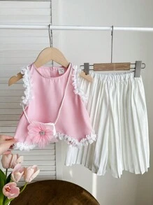 SHEIN Babygirl 可爱优雅花卉无袖上衣搭配褶皱长裤和斜挎包套装 - 粉色 - 查看 1