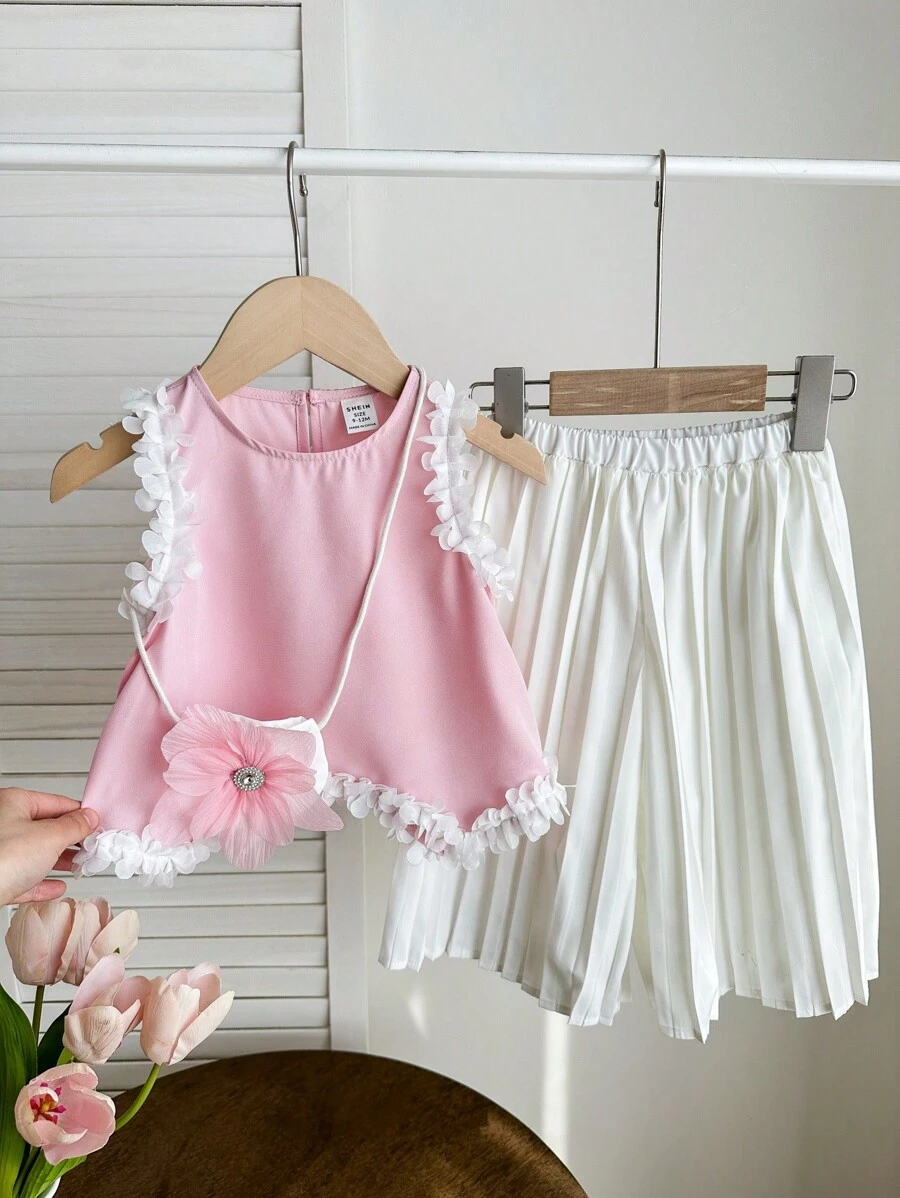 SHEIN Babygirl 可爱优雅花卉无袖上衣搭配褶皱长裤和斜挎包套装 - 粉色 - 查看 1