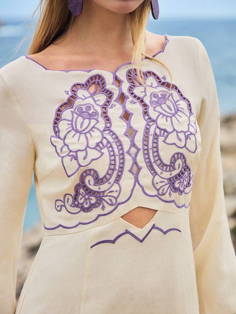 LINEN FLORAL EMBROIDERY LANTERN SLEEVE DRESS