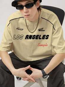 Manfinity Roghcode 宽松版型男式字母图案撞色滚边落肩 T 恤 - 杏色 - 查看 1