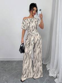 Women's Full Print Asymmetric Neck Bat Sleeve Tie Front Wide Leg Jumpsuit, Pants Jumpsuit Women Jumpsuits Elenzga Jumpsuit Suitable For Dates, Work, Vacation, Holidays, Casual Wear, Summer Bohemian Style/Holiday/Festival/Music Festival/Derby Dress - Multicolor - View 6