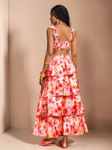 Slaydiva Neues Frühlings- und Sommerurlaubs-sexy trägerloses Oberteil + mehrlagiger Vintage-Blumenrock, zweiteiliges Damenset - B