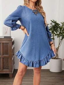 EMERY ROSE Women's Cute Denim Dress With Round Neckline, Wrist-Length Sleeves, And Ruffle Hem Detail - Blue - View 4