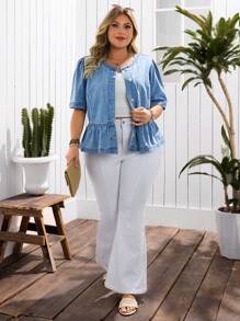 EMERY ROSE 大码女式夏季度假泡泡袖收腰蓝色牛仔衬衫 - 淺色水洗藍 - 查看 3