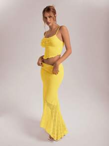 Aloruh Women Lace Asymmetric Hem Top And Ruffle Hem Mermaid Skirt 2 Pieces Set, Suitable For Spring/Summer Wedding And Holiday - Mustard Yellow - View 7