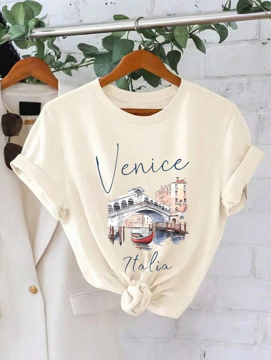 Chiquease Venice T-Shirt, Venice Italy T-Shirt, Softstyle Tee, Italy Trip T Shirt, Cute Venezia T-Shirt, Venice Traveller Gift, Venice Italy Crewneck Graphic Tees Women Tops - Apricot - View 1
