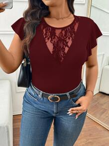 SHEIN Frenchy 大码女式 V 领半透明蕾丝拼布荷叶边袖休闲 T 恤，时尚日常百搭春夏新品音乐会 T 恤女式狂欢 T 恤节日狂欢 T 恤优雅女式连衣裙短袖上衣狂欢 T 恤