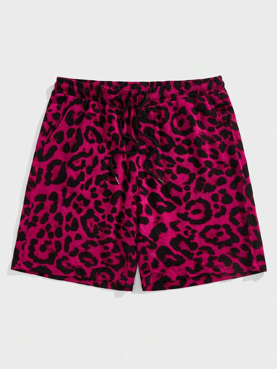 Manfinity BRENVOR 男士休闲编织泡泡格纹豹纹直筒中腰短裤 - 玫紅色 - 查看 1