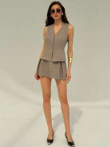 Aloruh 2 件优雅女士套装：无袖纽扣衬衫和褶皱迷你裙，纯色 - 杏色 - 查看 3