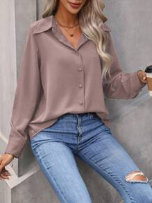 EMERY ROSE Women's Solid Color Long Sleeve Minimalist Fashion Shirt, Summer Fall Cloth For Women - Dusty Pink - View 3