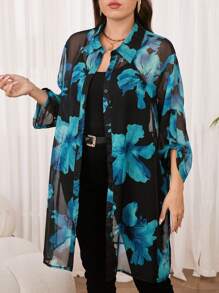 SHEIN Clasi Blusa holgada con estampado floral, manga con volantes y talla grande para vacaciones de mujer