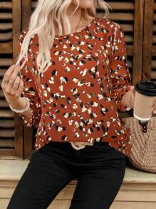 EMERY ROSE Women's Casual All-Over Print Round Neck Blouse, Vacations - Rust Brown - View 3