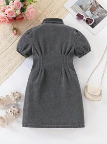 SHEIN 夏季年轻女孩洗水牛仔翻领荷叶边袖系带牛仔连衣裙 - 灰色 - 查看 2