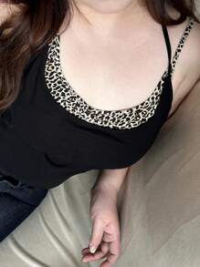 Dazy Plus Atasan Plus Size Motif Leopard dengan Model Sambungan, Gaya Kasual Musim Panas Motif Cheetah - Hitam - View 5
