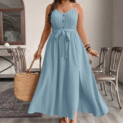 플러스 사이즈 여성 살구색 텍스처 패브릭 사이드 슬릿 롱 드레스 편안한 코튼