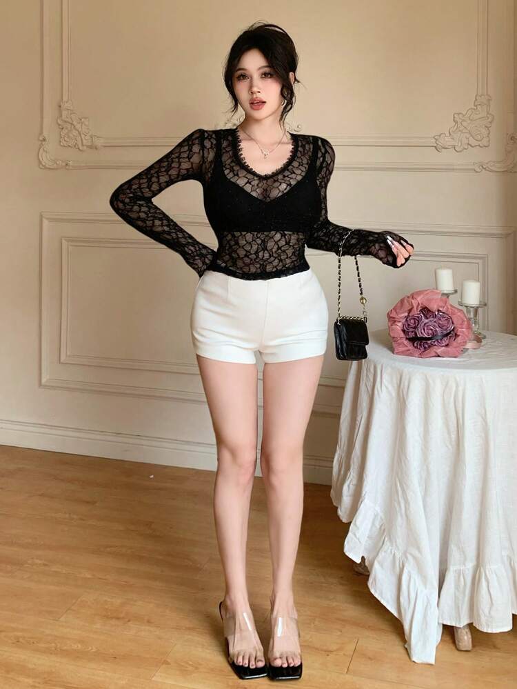 Women's Sexy Sheer Lace Top, Fitted Slimming Long Sleeve Lace Top For Summer Club,Fall Women Clothes Going Out Tops Women