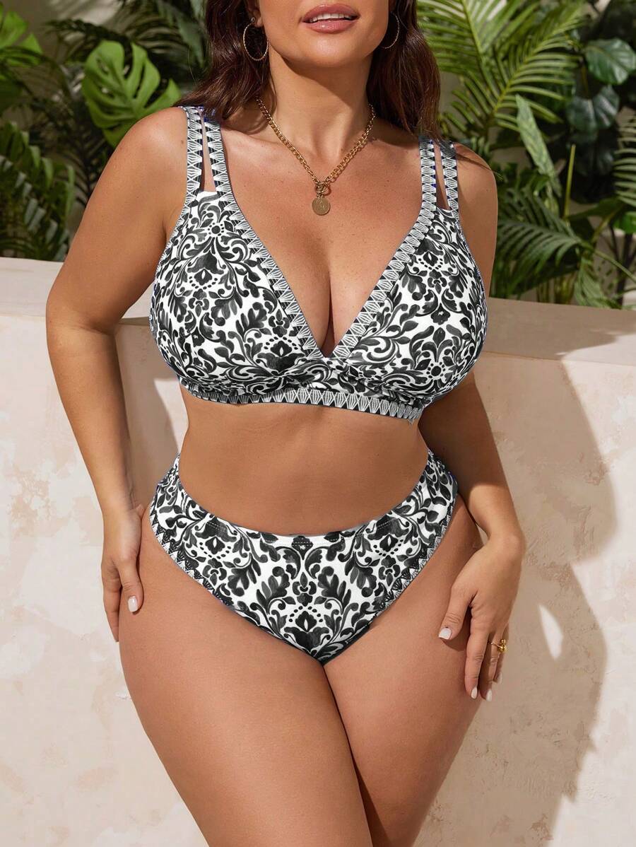 Swim Lushoire Plus Size Women 2pcs Adjustable Strap Sexy High Waist Triangle Bikini Set, Fashion Vacation Everyday Wear For Summer