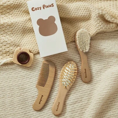 Cozy Pixies Set de 3 piezas de cuidado infantil con cepillo de lana de madera