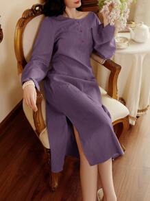 Women's Solid Color Button Design Flared Sleeve Loungewear Dress - Purple - View 5