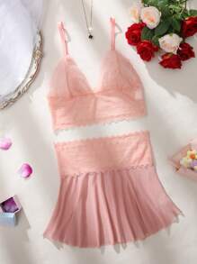 SHEIN 2pcs/Set Women Lace & Mesh Wireless Sexy Lingerie Dress Set For Going Out - Baby Pink - View 7