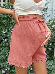 SHEIN 孕妇纯色松紧腰抽绳休闲宽松短裤 - 藕粉色 - 查看 5