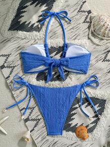 Swim Vcay Conjunto de bikini veraniego compuesto por top crop con nudo y Bottom, decorado con textura de concha