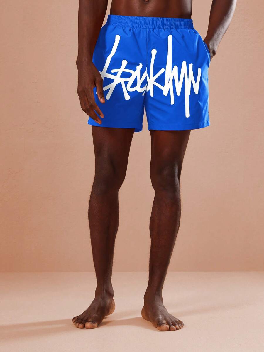 SUMWON Signature Graffiti Style Board Shorts Athletic Beach Surfing Swimming Trunks Summer Sports Pool Party Vacation Lounge Essential Modern Urban Design Swimwear - Royal Blue - View 1