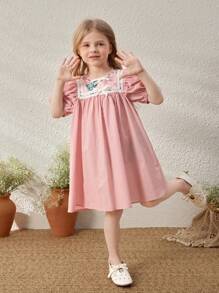 Blossori Vestido Solto Tecido Frouxamente com Estampa Floral Rosa Elegante Francesa para Meninas Jovens, Primavera/Verão - Rosa chiclete - Visão 4